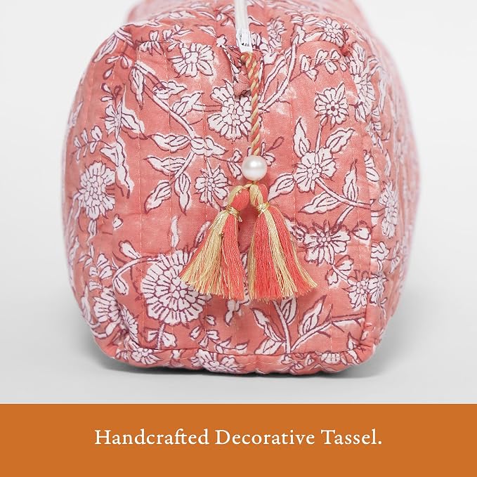 Saffron Marigold Quilted Makeup Bag Set of 3, Hand Block Printed Cotton Cosmetic Bags for Women, Waterproof Lined Travel Toiletry Bag, Coquette Floral Aesthetic, Handmade Gift, Coral Flowers