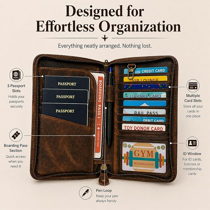 Brown Leather Family Passport Holder - Travel Document Organizer Wallet with Card Slots ID Window Zipper Closure for Multi Passport Storage Travel Use, 5 x 9
