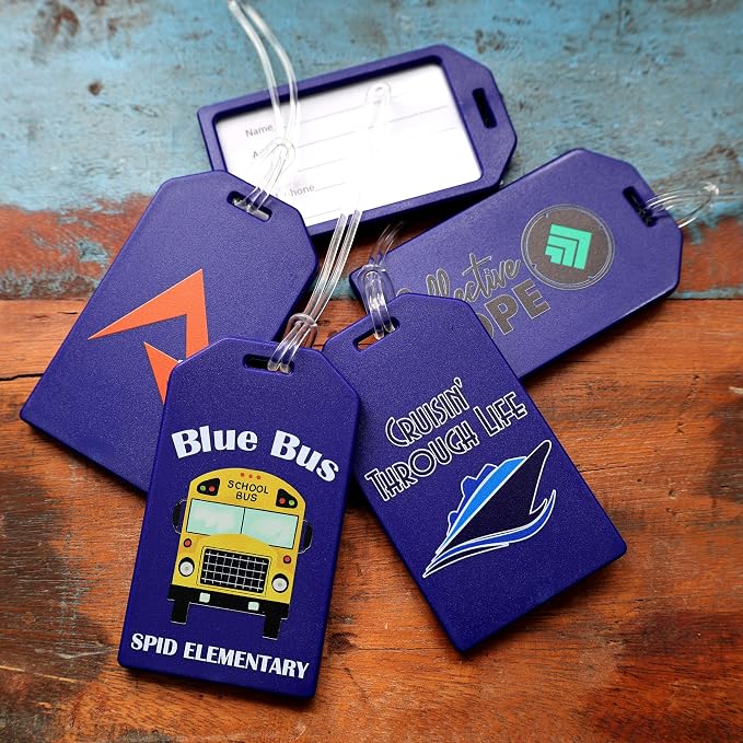 10 Pack - Bulk Custom Luggage Tags - Heavy Duty Personalized Bag Tag for Suitcases or Backpack - Hard Plastic - Add Company Logo, School I’D, Photo - Quality & Detail UV Print by Specialist ID (Blue)