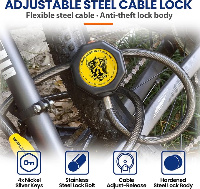 WARLION Heavy Duty Adjustable Cable Lock, 4ft x 3/8" Braided Steel Security Cable with Adjust-Release & Dual Loop, Outdoor Anti-Theft Lock for Bike, Spare Tire, Trail Camera, Cooler, Ski