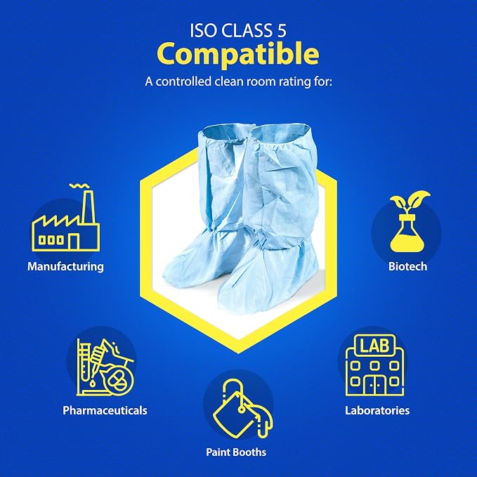 Quest Traction Disposable Boot & Shoe Covers 18" Tall – Non-Slip, Water-Resistant Protective Overshoes, Blue, X-Large, 50 Pairs for Cleanroom, Medical & Industrial Use