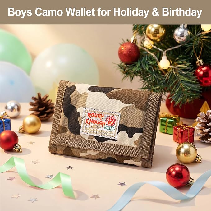Rough Enough Kids Wallet for Boys Teen with Neck Lanyard Keychain Desert Camo Canvas
