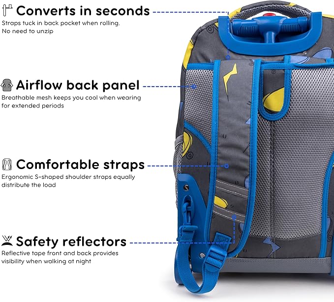 J World Sunrise Kids Rolling Backpack for Boys Girls. Roller Bookbag With Wheels For School, Liteboard