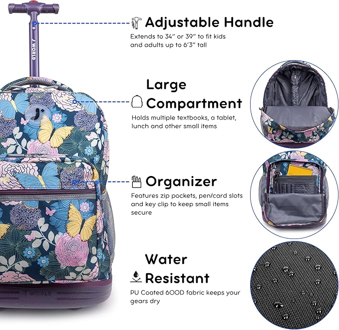 J World Sunrise Kids Rolling Backpack for Girls Boys. Roller Bookbag With Wheels For School, Secret Garden