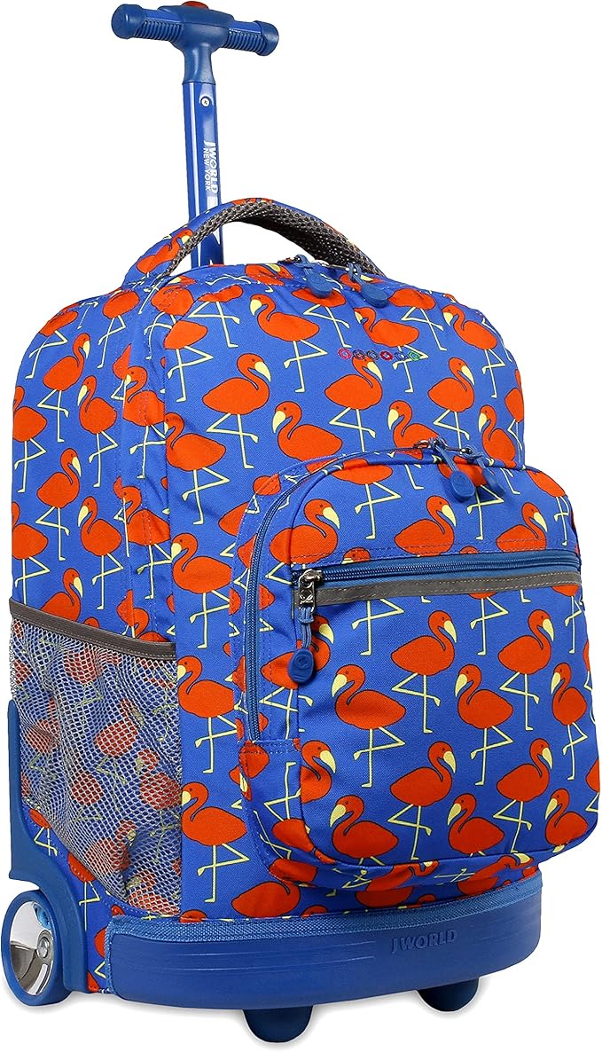 J World Sunrise Kids Rolling Backpack for Girls Boys. Roller Bookbag With Wheels For School, Flamingo