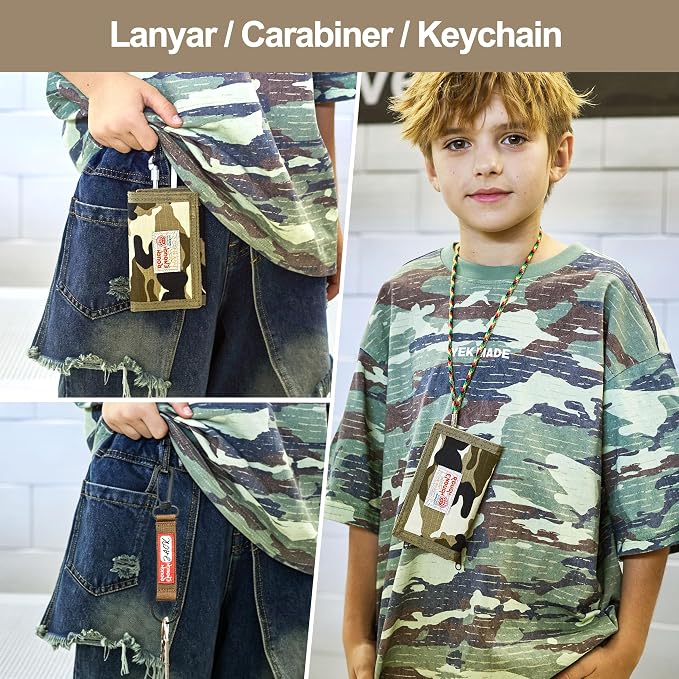 Rough Enough Kids Wallet for Boys Teen with Neck Lanyard Keychain Desert Camo Canvas