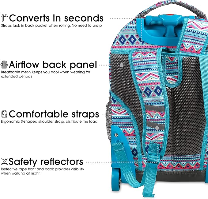 J World New York Sunrise Rolling Backpack Backpack, MINT TRIBAL