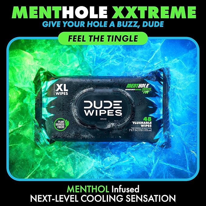DUDE Wipes MentHOLE XXtreme Flushable Wipes - Menthol Infused Extra-Large Adult Wet Wipes - 3 Pack (144 Count) - Infused with Menthol for a Cooling Sensation - Septic and Sewer Safe