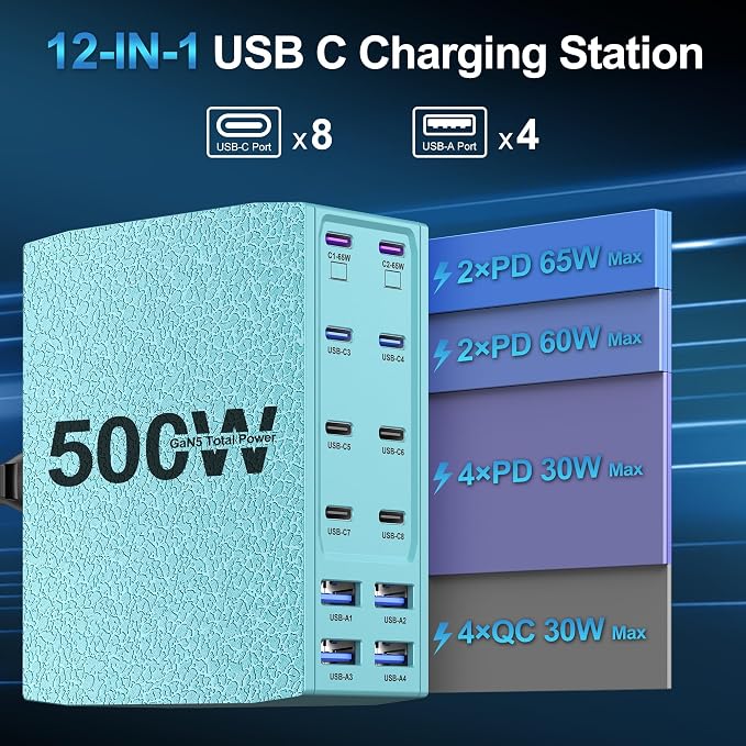 500W USB C Charger Block, 12-Port USB C Charging Station for Multiple Devices, Leather Texture Dual PD 65W Laptop Fast Charger Compatible with MacBook Pro/Air, iPad, iPhone,Galaxy and More,Green