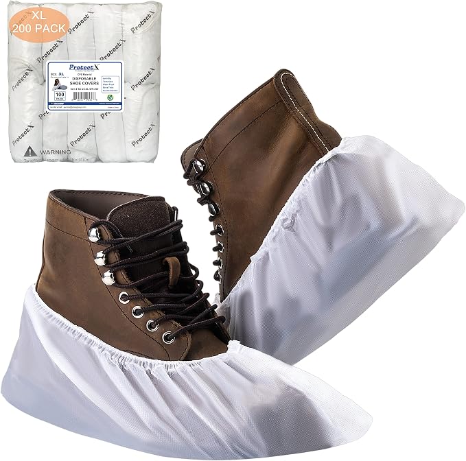 ProtectX White Disposable Shoe & Boot Covers, XL Extra Large, 200-pack (100 pairs), Waterproof, Slip Resistant, Durable CPE Plastic, Fits up to Men's 14 US Size and All Women's US Size Shoes