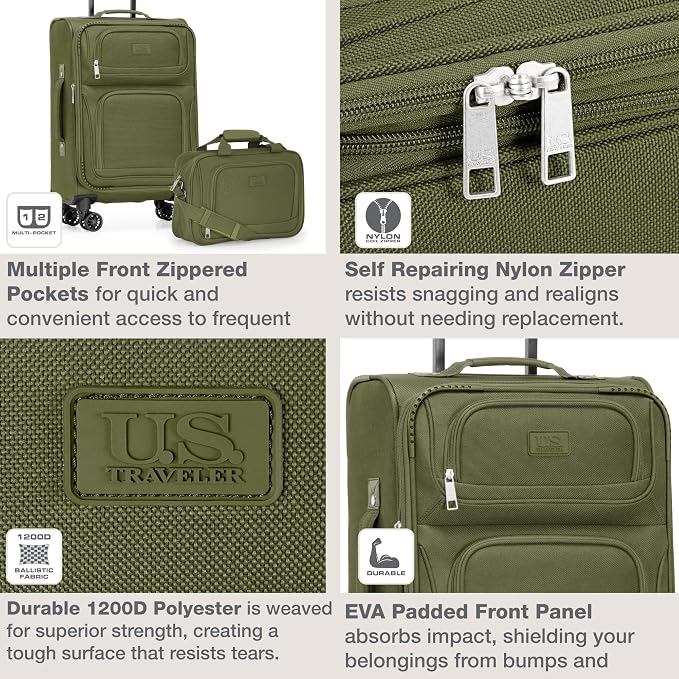 U.S. Traveler Rio Lightweight Softside Rolling Carry-on Suitcase, 4-Wheel Set, Green