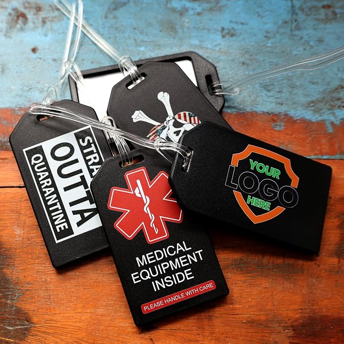10 Pack - Bulk Custom Luggage Tags - Heavy Duty Personalized Bag Tag for Suitcases or Backpack - Hard Plastic - Add Company Logo, School I’D, Photo - Quality & Detail UV Print by Specialist ID (Black)