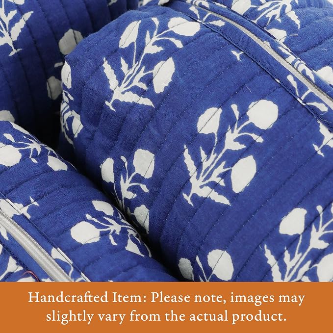 Saffron Marigold Quilted Makeup Bag Set of 3, Hand Block Printed Cotton Cosmetic Bags for Women, Waterproof Lined Travel Toiletry Bag, Coquette Floral Aesthetic, Handmade Gift, Fleur De Nuit