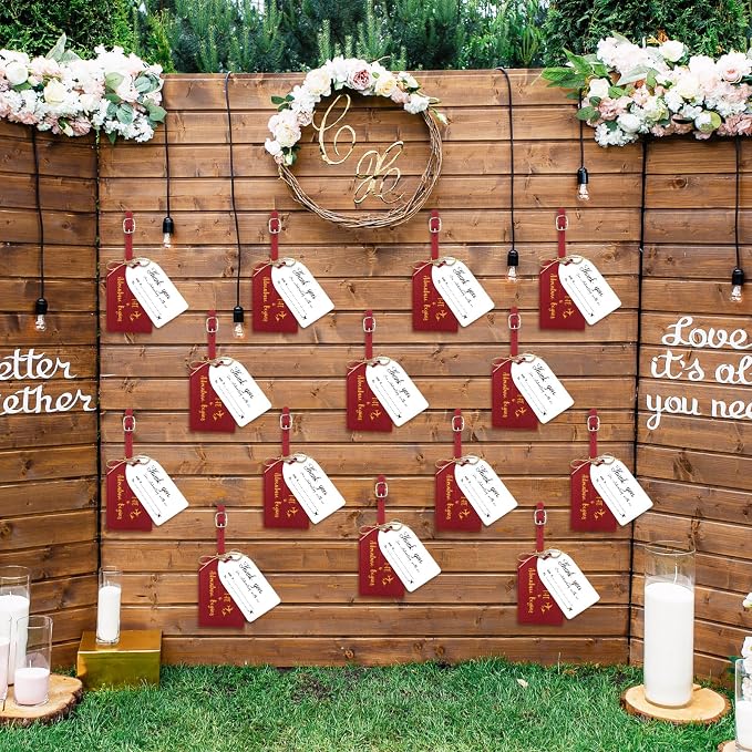 Sweetude 48 Sets Bulk Luggage Tags Wedding Favors and So The Adventure Begins Leather Luggage Tags for Suitcases with Name Card for Travel Themed Bridal Shower Graduation Party Favor(Burgundy)