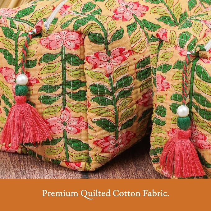 Saffron Marigold Quilted Makeup Bag Set of 3, Hand Block Printed Cotton Cosmetic Bags for Women, Waterproof Lined Travel Toiletry Bag, Coquette Aesthetic, Handmade Gift, Madagascar Prewinkle Butter