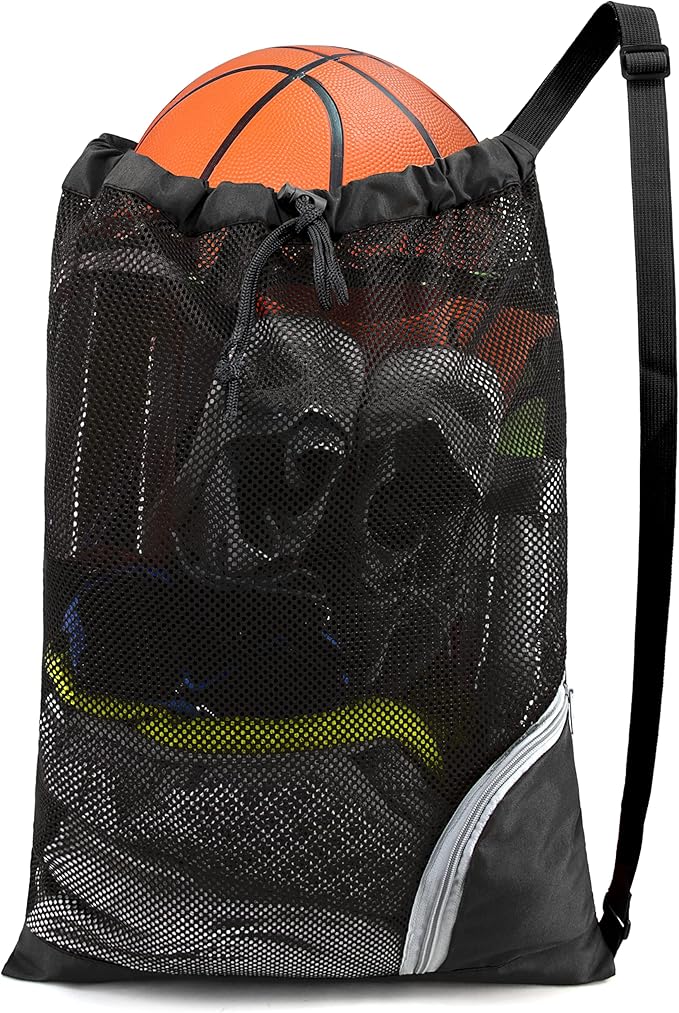 BeeGreen Mesh Drawstring Bag Swim Backpack for Beach Pool Sports Gym Draw String Cinch Bags for Swimming Soccer Basketball Gear Black