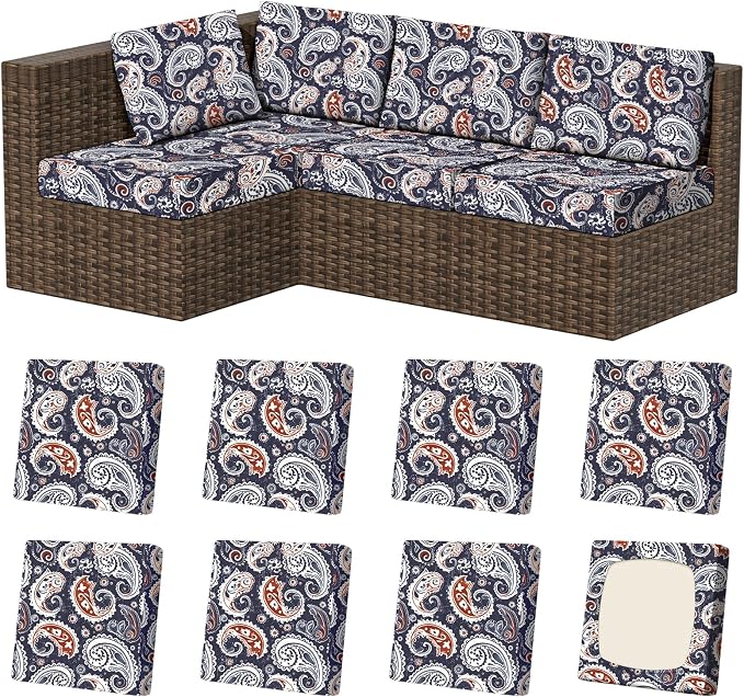 8Pcs Stretch Patio Cushion Covers, Outdoor Couch & Sofa Replacement Slipcovers for Patio Furniture Cushion Covers, Washable Reusable Furniture Protector