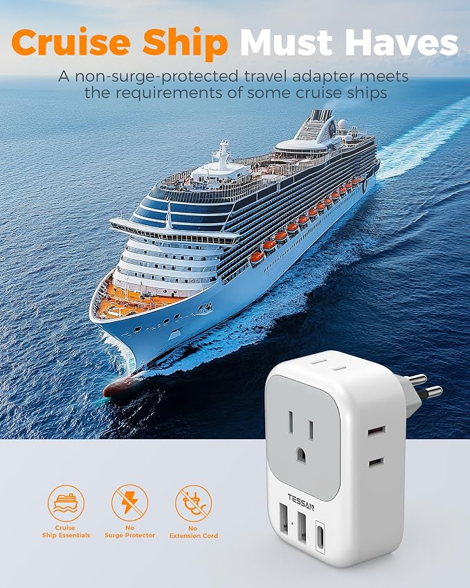 TESSAN Brazil Plug Adapter 2 Pack, 7 in 1 US to Brazil Power Adapter with 3 USB Ports (1 USB-C PD 20W Port) 4 American Outlets, Type N Travel Adaptor for USA to Brazilian