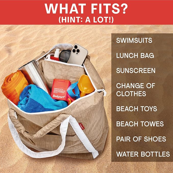Bodysurf Beach Bags Waterproof Sandproof - Packable Foldable Nylon Zipper Tote Bag for Travel Lightweight, Pool, Boat, Cruise