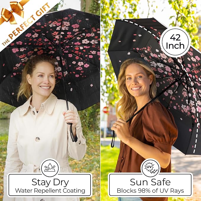 TUMELLA Strongest Windproof Travel Umbrella (Compact, 100MPH Wind-Tested), Light, Portable, One-Handed Use, Automatic Folding Rain Umbrella, Durable, Premium Grip, Fits Car & Backpack