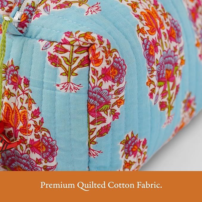 Saffron Marigold Quilted Makeup Bag Set of 3, Hand Block Printed Cotton Cosmetic Bags for Women, Waterproof Lined Travel Toiletry Bag, Coquette Aesthetic, Handmade Gift, Kashmir