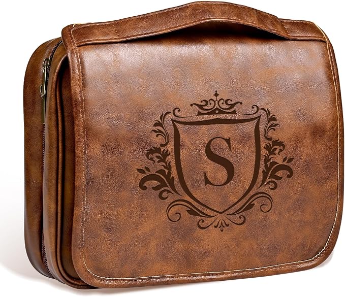 Laser-Engraved Initial 3-in-1 Mens Toiletry Travel Bag, Corporate Gifts for Clients Boss Colleague Employee Appreciation Gifts Birthday Party Favor Waterproof Shaving Bag for Men Light Brown S