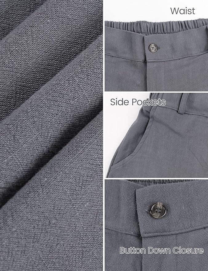 Hooever Womens Cotton Linen Pants Casual Button Up High Waisted Wide Leg Trousers