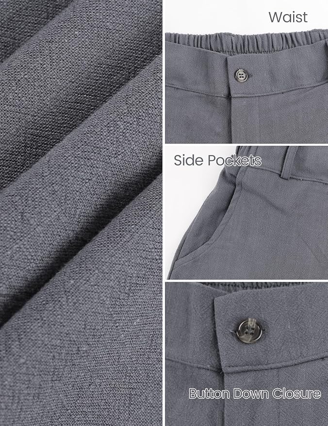 Hooever Womens Cotton Linen Pants Casual Button Up High Waisted Wide Leg Trousers