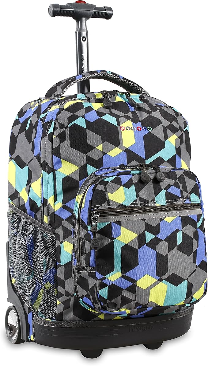 J World Sunrise Kids Rolling Backpack for Girls Boys. Roller Bookbag With Wheels For School, Cubes