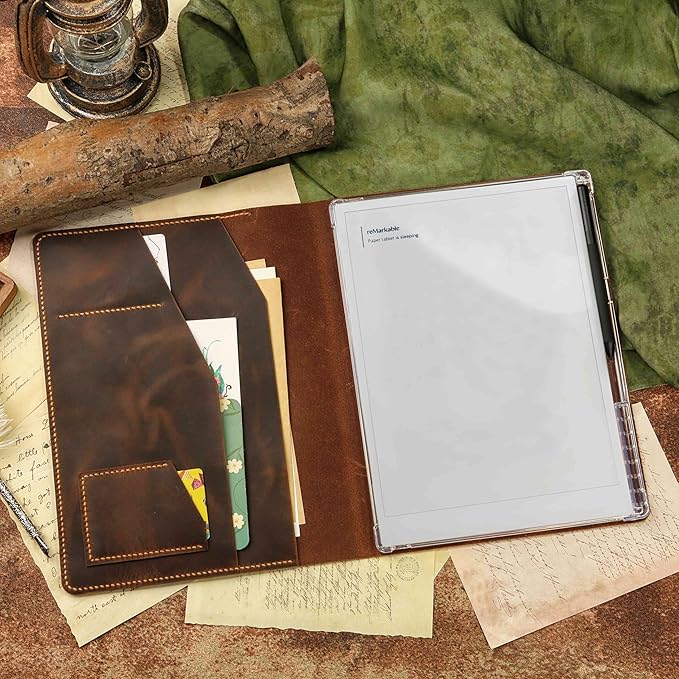Leather Folio case with Pen Holder for Remarkable 2 Cover(Not Compatible with Remarkable Paper Pro), Genuine Leather Folio Cover for Remarkable 2 Tablet case