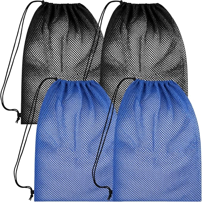 4Pcs Mesh Gear Bag for Snorkel, 19" x 27" Large Mesh Swim Bag, Polyester Dive Bag, Drawstring Snorkel Backpack for Snorkeling Trip, Wetsuits, Swimming Gear, Beach and Sports Equipment (Black & Blue)