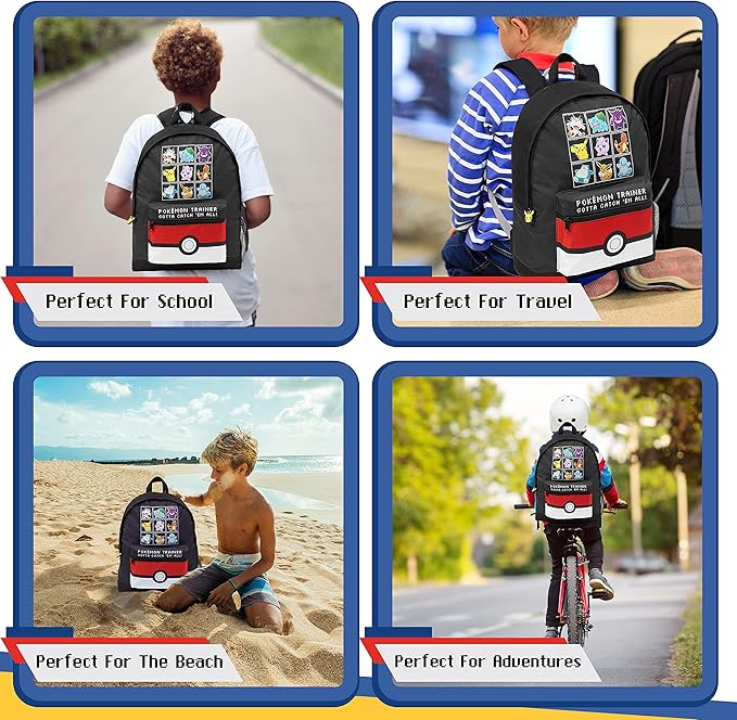 Pokemon Backpack for Kids Teens Boys Girls Pikachu Anime Bookbag Daypack Bag School Sports Gifts for Kids (Black/Red)