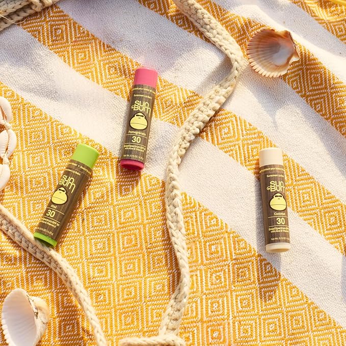 NEW Sun Bum SPF 30 Sunscreen Tropical Lip Balm 3 Pack - Pomegranate, Kiwi, Coconut - Moisturizing Aloe Vera and Vitamin E - Vegan and Cruelty Free - UVA/UVB Lip Protection - 0.15 oz, 3 count
