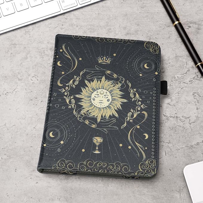 kwmobile Case Compatible with Amazon Kindle Paperwhite (2024)/Colorsoft - Case PU Leather Cover with Magnet Closure, Stand, Strap, Card Slot - Tarot Card Dark Blue/Yellow/Black