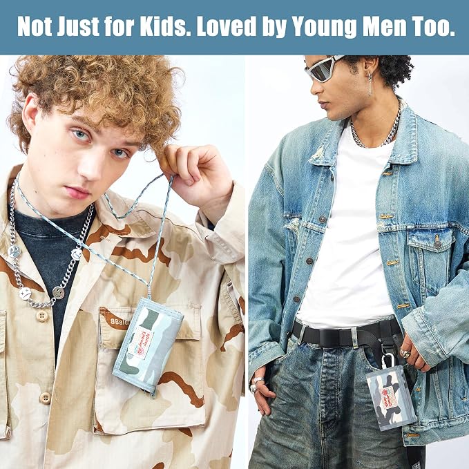 Rough Enough Kids Wallet for Boys Teen, Light Blue Camo Canvas | RFID Blocking, Lanyard, Keychain, 5 Card Slots, 3 Zippered Pockets, Suitable for Travel, Camping, Outdoor Sports
