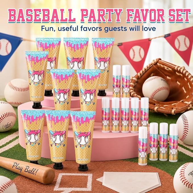 30 Sets Baseball Drip Party Favors Ice Cream Drip Baseball Hand Cream and Lip Balm Bulk with Organza Bag Thank You Tag for Teen Adults Sport Party Favor Team Birthday Gifts
