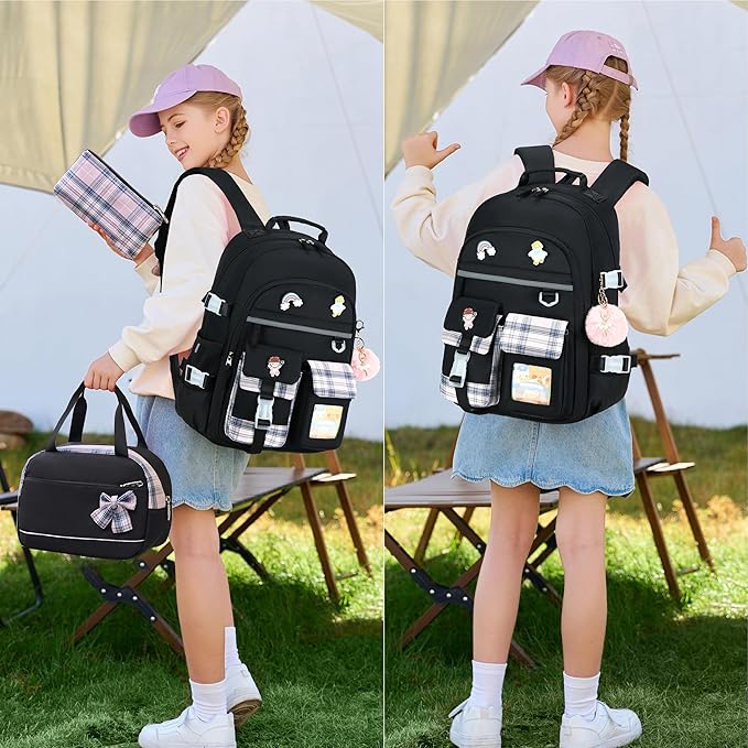 Backpack for Girls 15.6 Inch Laptop School Bag Kids Elementary College 3pcs Backpacks Lunch box Pencil Case Set Bookbags for Girls Teen Women Student Black