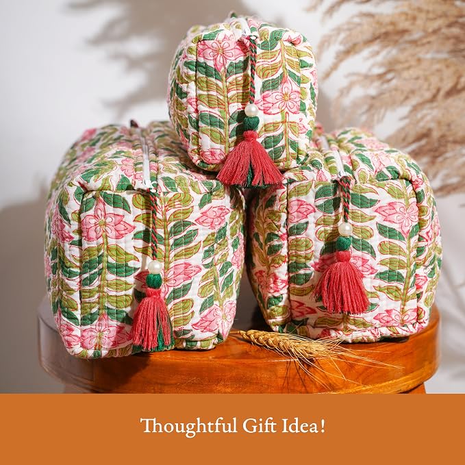 Saffron Marigold Quilted Makeup Bag Set of 3, Hand Block Printed Cotton Cosmetic Bags for Women, Waterproof Lined Travel Toiletry Bag, Coquette Aesthetic, Handmade Gift, Madagascar Periwinkle Vanilla
