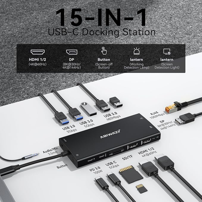 Laptop Docking Station Dual Monitor, 15 in 1 Docking Station 3 Monitors | ABIWAZY USB C Hub to Dual 4K@60Hz HDMI, DP 8K, 100W PD, USB-C to Ethernet and SD/Micro SD, 6 USB A/C Ports, Screen Button