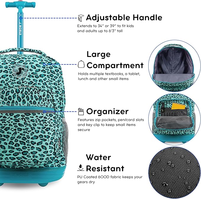J World Sunrise Kids Rolling Backpack for Girls Boys. Roller Bookbag With Wheels For School, Mint Leopard