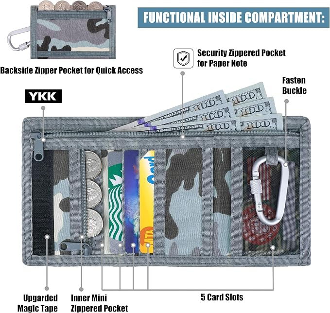 Rough Enough Kids Wallet for Boys Teen, Light Blue Camo Canvas | RFID Blocking, Lanyard, Keychain, 5 Card Slots, 3 Zippered Pockets, Suitable for Travel, Camping, Outdoor Sports