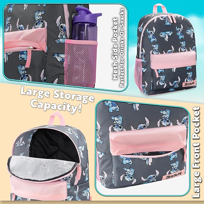Disney Stitch Backpack for Girls Teens School Bag Kids Book Bag School Supplies Gifts (Navy/Pink)