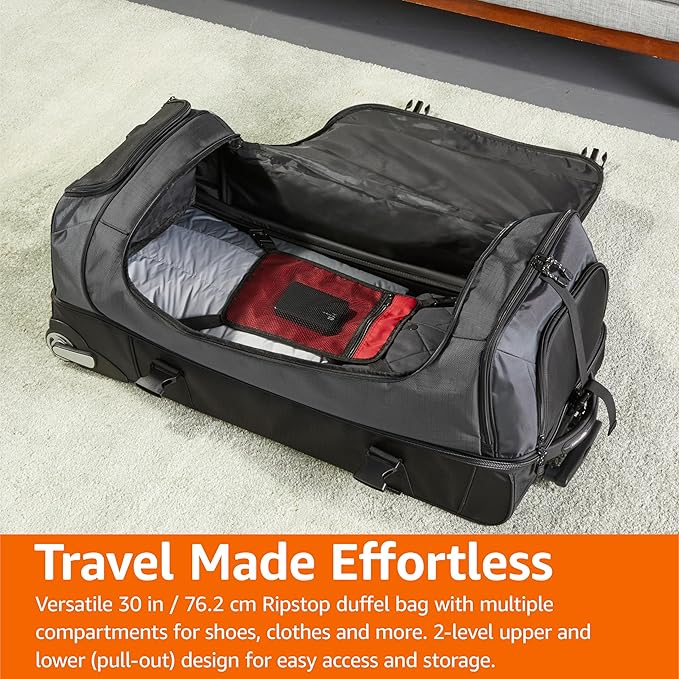 Amazon Basics 30-Inch Large Rolling Duffel Bag with Wheels and Handle, Durable Ripstop Polyester, 2 Layers of Space, Multiple Interior and Exterior Pockets, Black