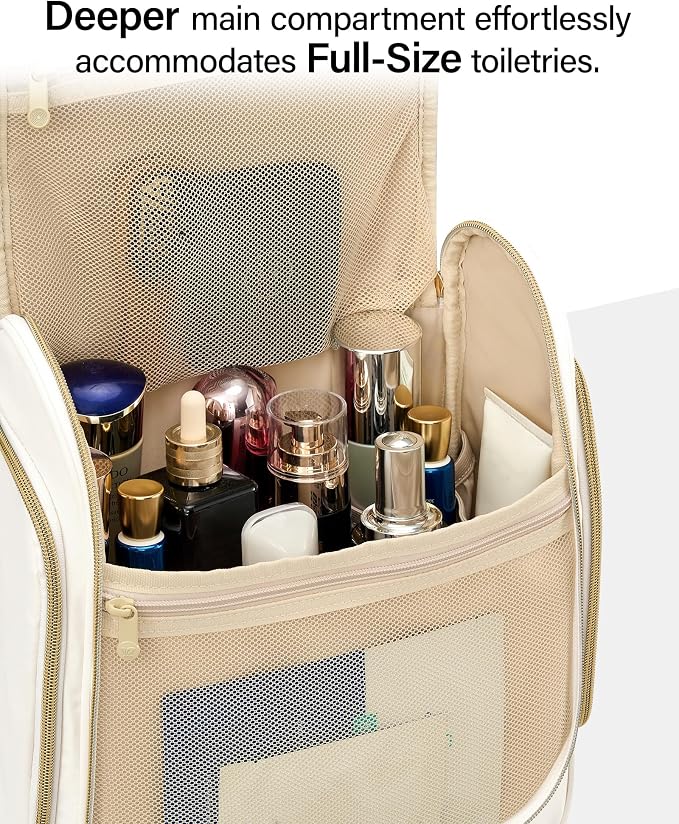 Hanke Hanging Travel Toiletry Bag for Men and Women, Water-Resistant Toiletries Bag Makeup Organizer with Hook, Cosmetic Bag for Bathroom & Travel Essentials Accessories, Off White