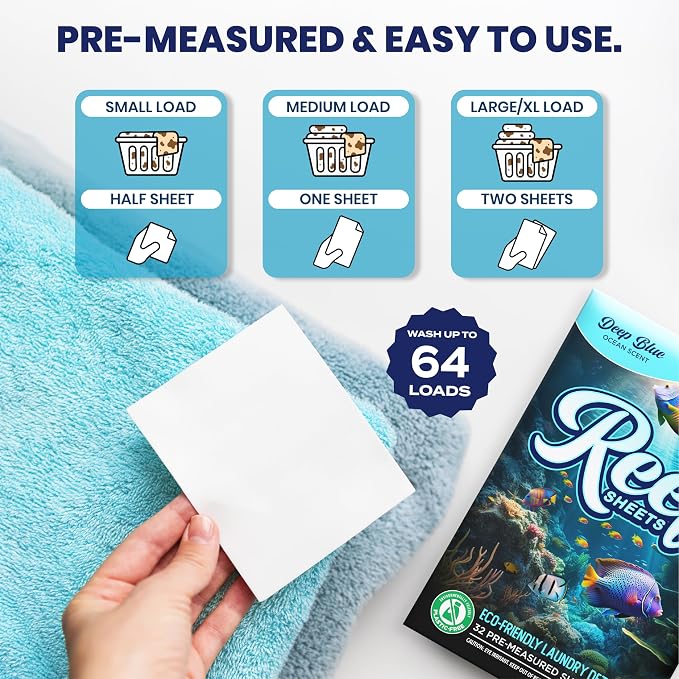Reef Sheets Laundry Detergent Sheets, Deep Blue Ocean Scent, 32ct | 64 Loads, Hypoallergenic, Plastic-Free Eco-Friendly Packaging, Gentle on Skin, Tough on Stains, Travel-Friendly