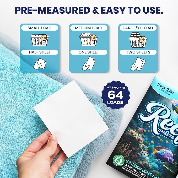 Reef Sheets Laundry Detergent Sheets, 64 loads (32ct Pack), Hypoallergenic & Plastic-Free Eco-Friendly Packaging, Gentle on Skin, Tough on Stains, Travel-Friendly, Fragrance Free, 32ct