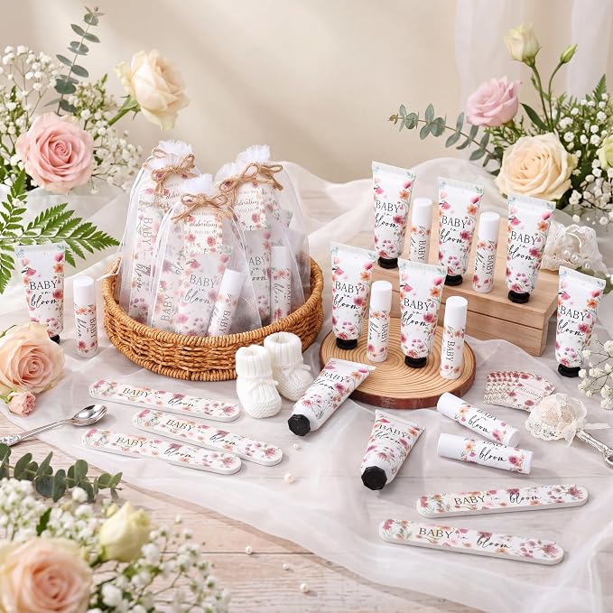 Leelosp 24 Sets Baby in Bloom Wildflower Baby Shower Hand Cream and Lip Balm Gift Bulk Spring Wildflower Travel Size Hand Lotion Lip Balm Nail File Gifts Set Wedding Party Supplies for Guests