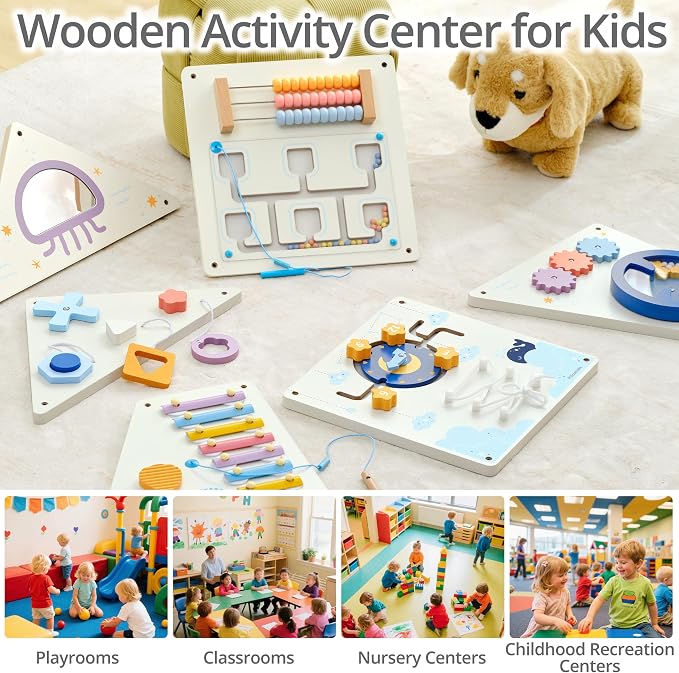 Pillowhale Tangram Activity Wall Busy Board Panels | 12-in-1 Learning Activity Center, Wooden Montessori Sensory Toys for Toddler Playroom, Nursery, Daycare, Classroom