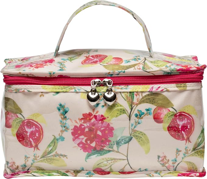 Jacaranda Living Vanity Cosmetic Bag – Structured Makeup Case with Handle, Water-Resistant PVC Lined Cotton, Travel Toiletry Organizer, Splash-Proof Vanity Bag – Pomegranate