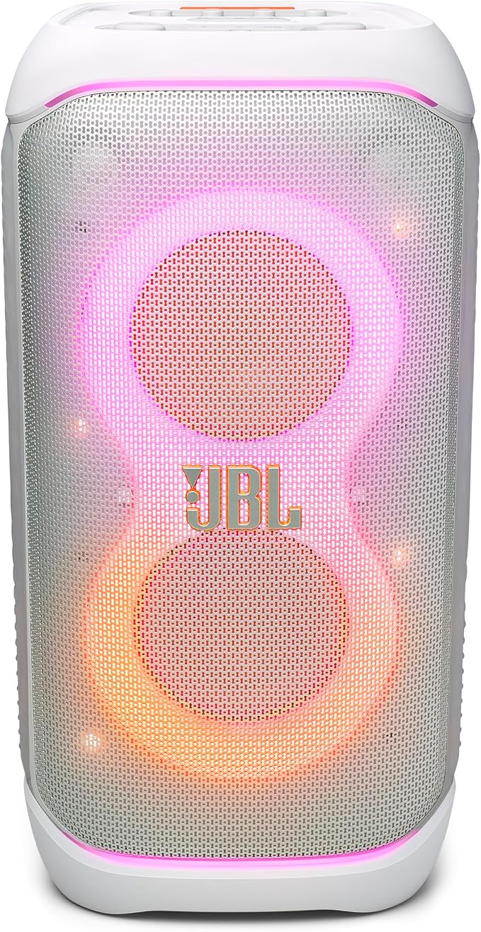 JBL PartyBox Stage 320 - Portable Party Speaker with Telescopic Handle & Wide, Sturdy Wheels, Powerful Pro Sound, Futuristic lightshow, Up to 18 Hours of Play time, Splash Proof (White)